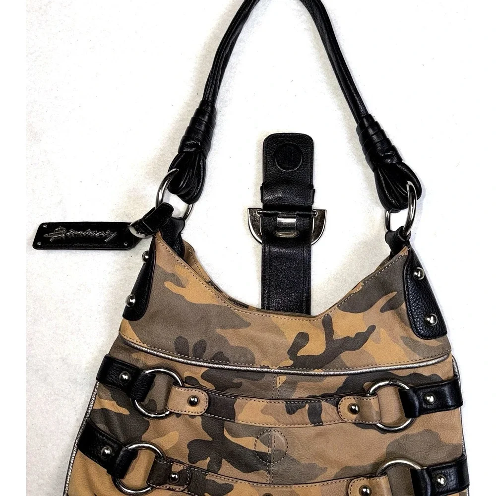 B Makowsky Camo Hobo Bag Black Leather Trim Silver Hardware Shoulder Purse